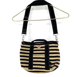 Rootote Striped Crossbody Tote Bag Black Tan Canvas Rare Adjustable Strap